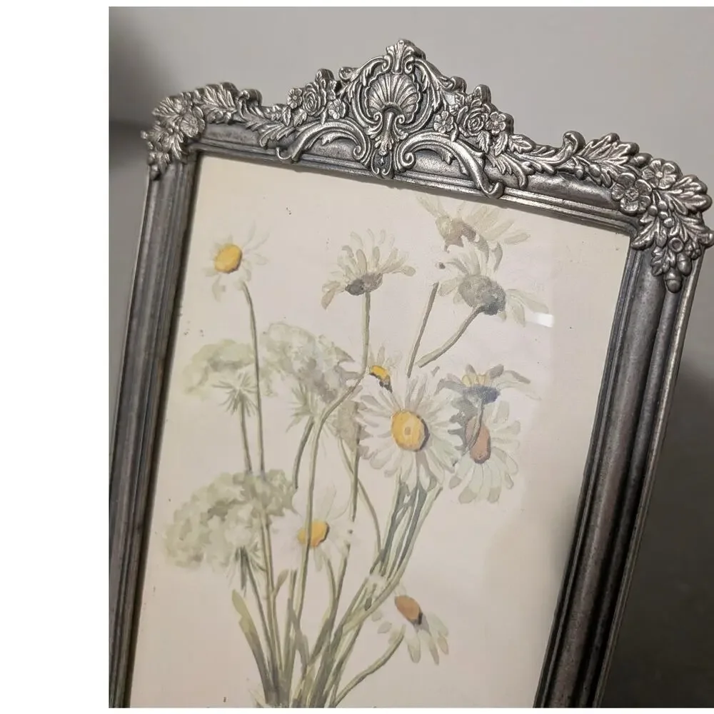 Vintage Ornate Silver Pewter Heavy Cast Metal 4x6 Picture Frame Rococo Chic